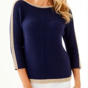 Lilly Pulitzer Deona Sweater, True Navy with  Gold Metallic Trim